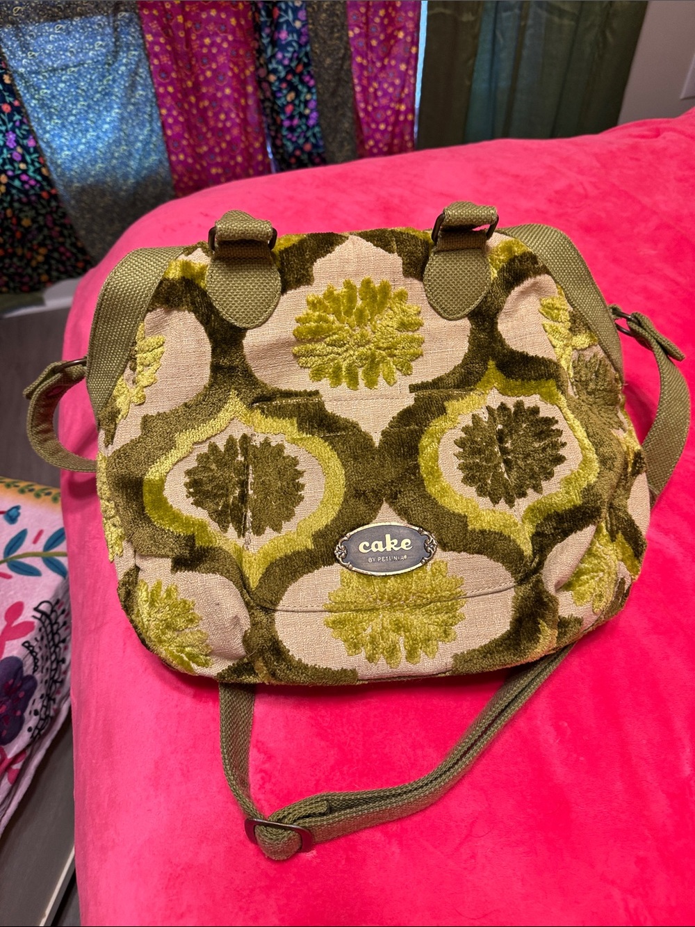 Cake by Petunia Pickle Bottom Olive and Cream Floral Velvet Duffle bag